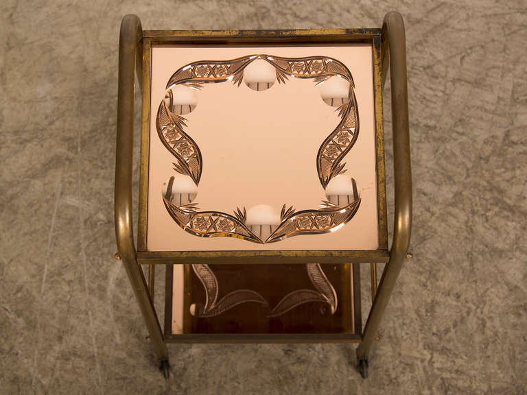 Brass Art Deco Period Pair Side Tables with Original Mirrored Shelves, France circa 1935