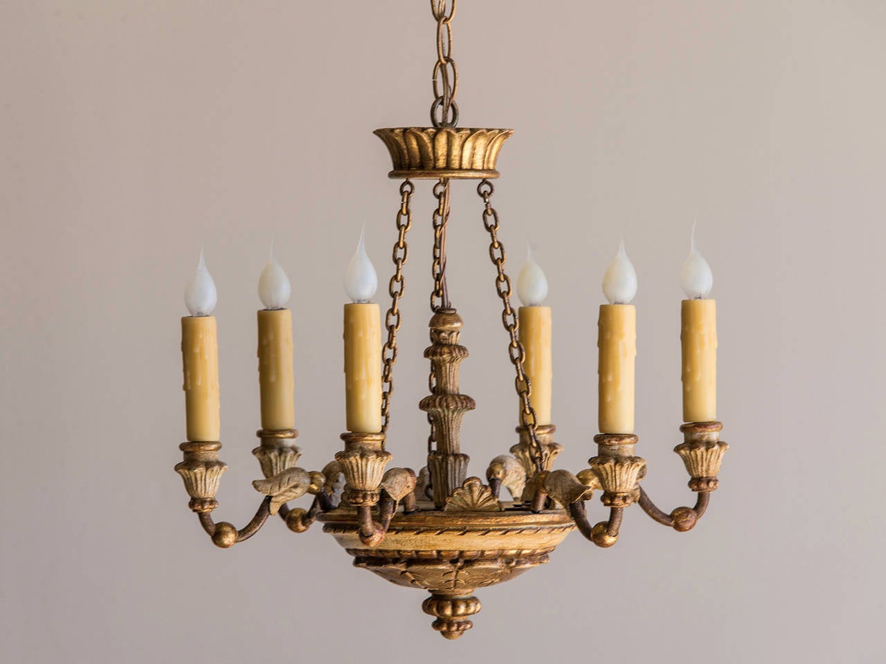 Italian Neoclassical Painted and Gilded Vintage Six Arm Chandelier, Italy circa 1920