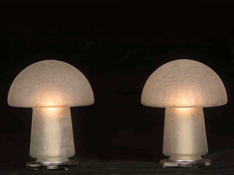 Receive our new selections direct from 1stdibs by email each week. Please click “Follow Dealer” button below and see them first!

A pair of vintage Italian blown crackle glass mushroom shades, circa 1970 set upon custom Lucite bases wired as