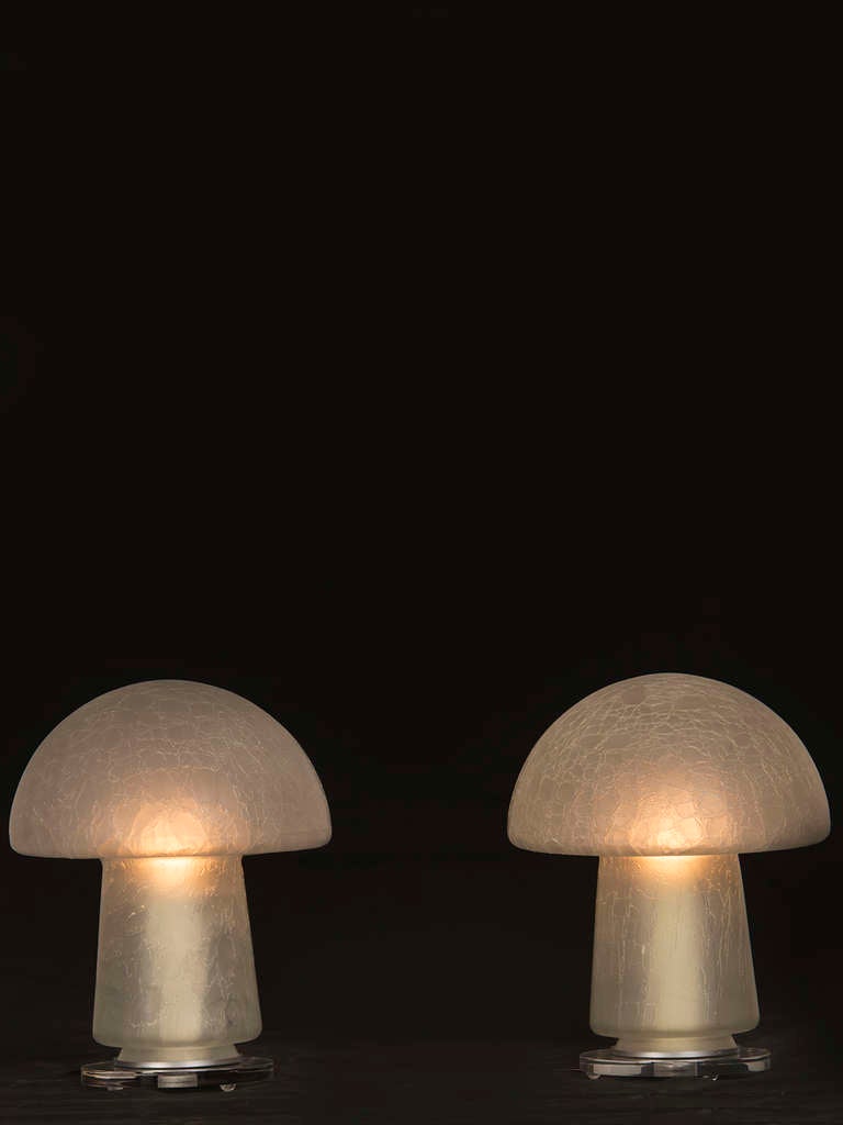 Mid-Century Modern Pair of Vintage Italian Glass Mushroom Shades, circa 1970 Wired as Custom Lamps For Sale