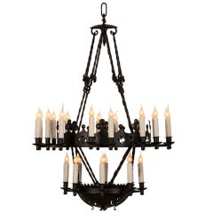 Antique Two Tier Hand Forged Twenty Four Light Iron Chandelier, France C.1900