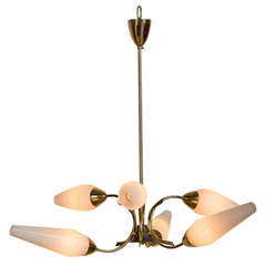 Vintage Italian Brass Chandelier, Original Opaque Glass Shades, circa 1970