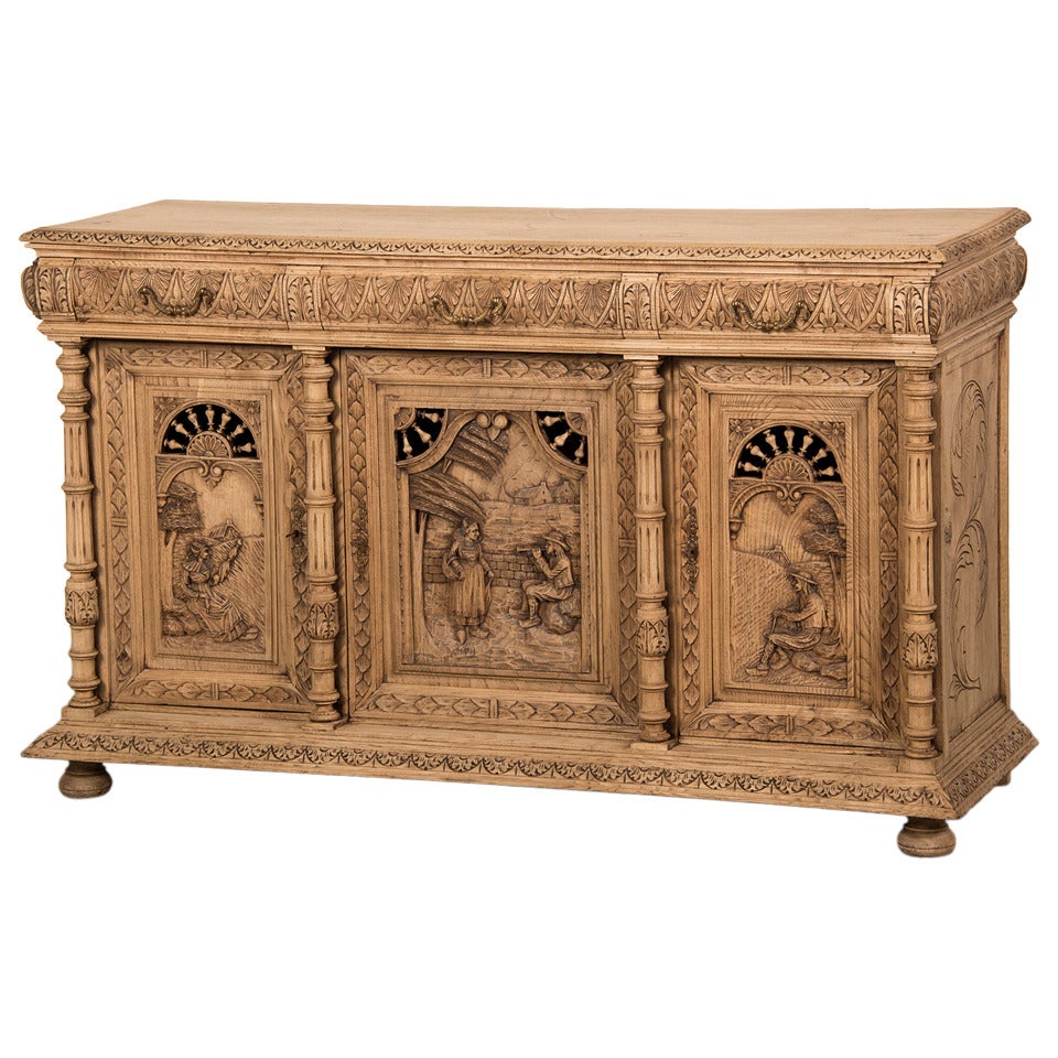 Antique French Henri II Style Carved, Weathered Oak Buffet, Brittany circa 1875