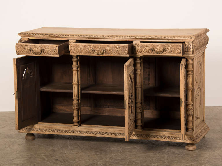 Renaissance Revival Antique French Henri II Style Carved, Weathered Oak Buffet, Brittany circa 1875