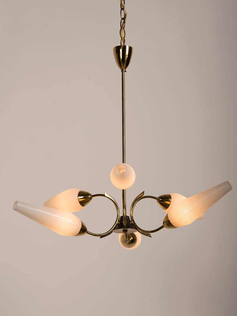 Late 20th Century Vintage Italian Brass Chandelier, Original Opaque Glass Shades, circa 1970