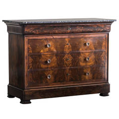 Louis Philippe Flame Grain Mahogany Chest, Marble Top, France, circa 1860