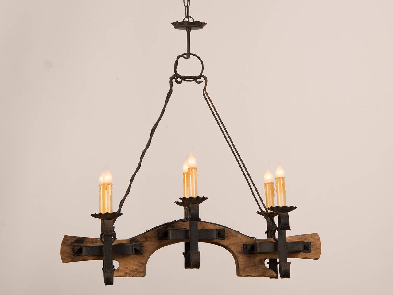 French Carved Wooden Ox Yoke Chandelier from France circa 1920