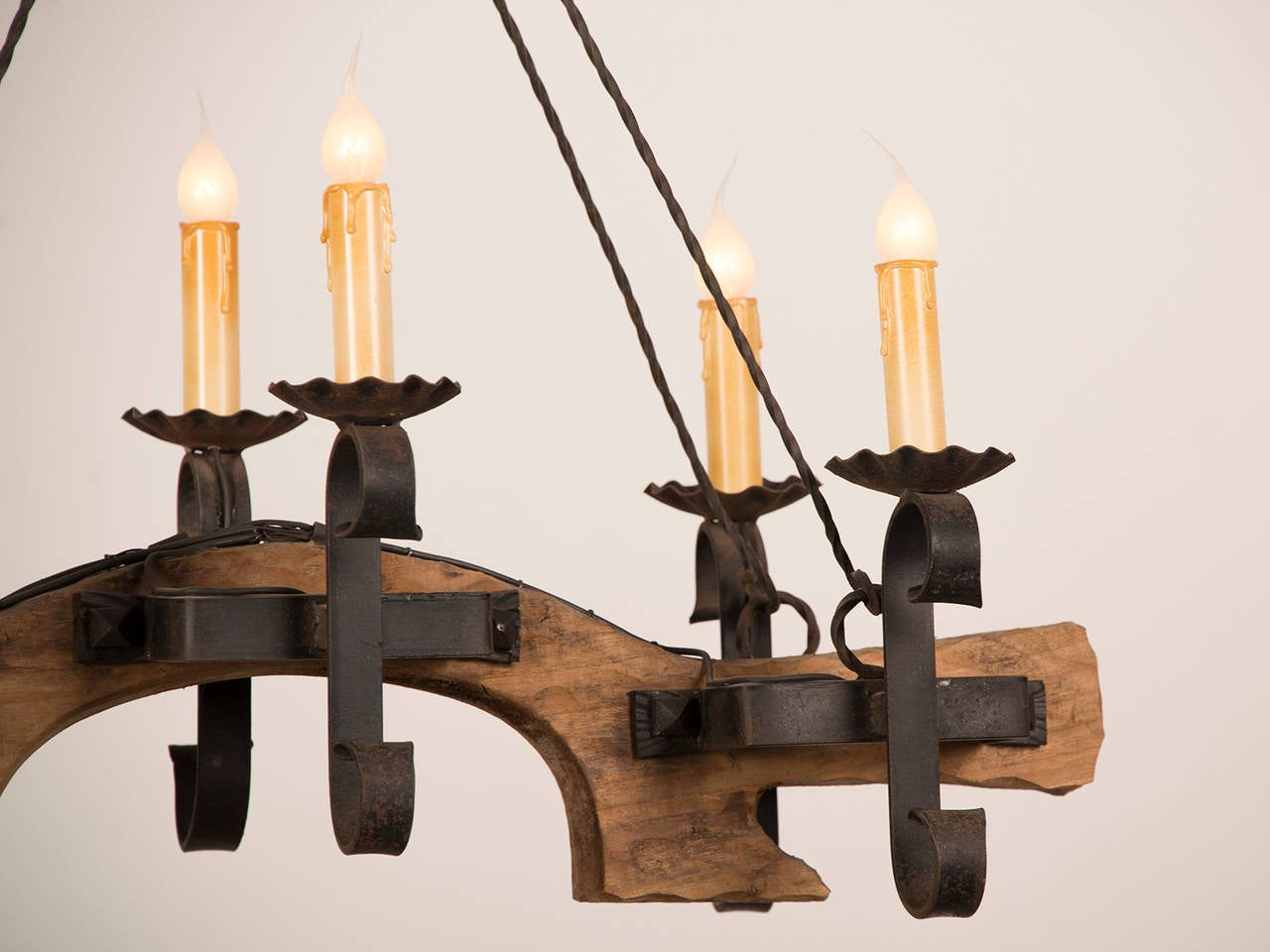 Carved Wooden Ox Yoke Chandelier from France circa 1920 In Excellent Condition In Houston, TX