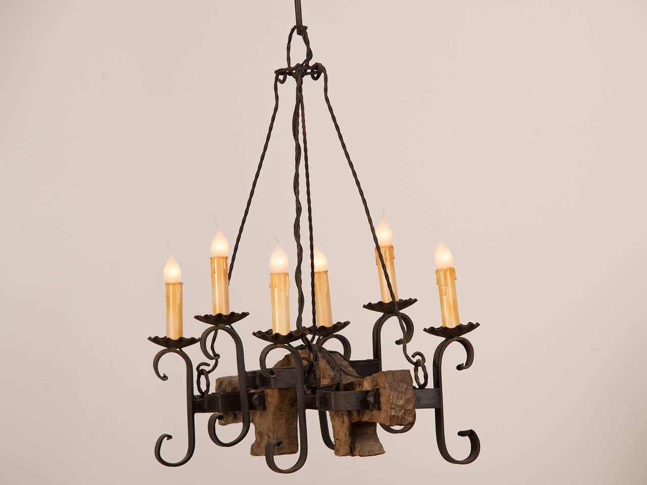 Iron Carved Wooden Ox Yoke Chandelier from France circa 1920