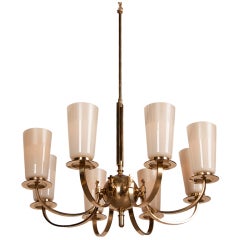 Gilded Brass Chandelier with Eight Glass Shades, France c.1940