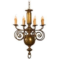 Tall, Narrow Antique Dutch Brass Chandelier with Eight Arms, circa 1900