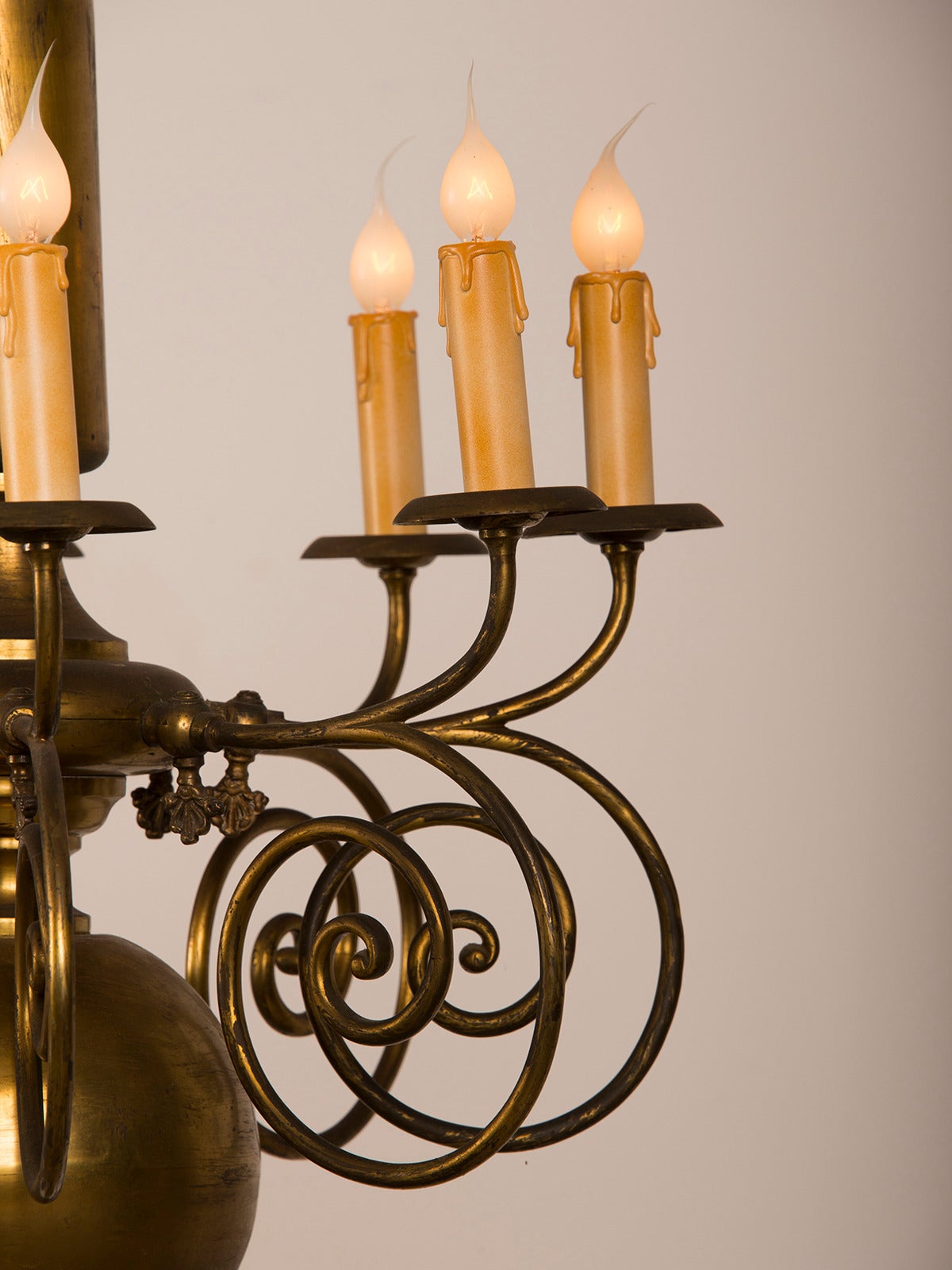 Tall, Narrow Antique Dutch Brass Chandelier with Eight Arms, circa 1900 1