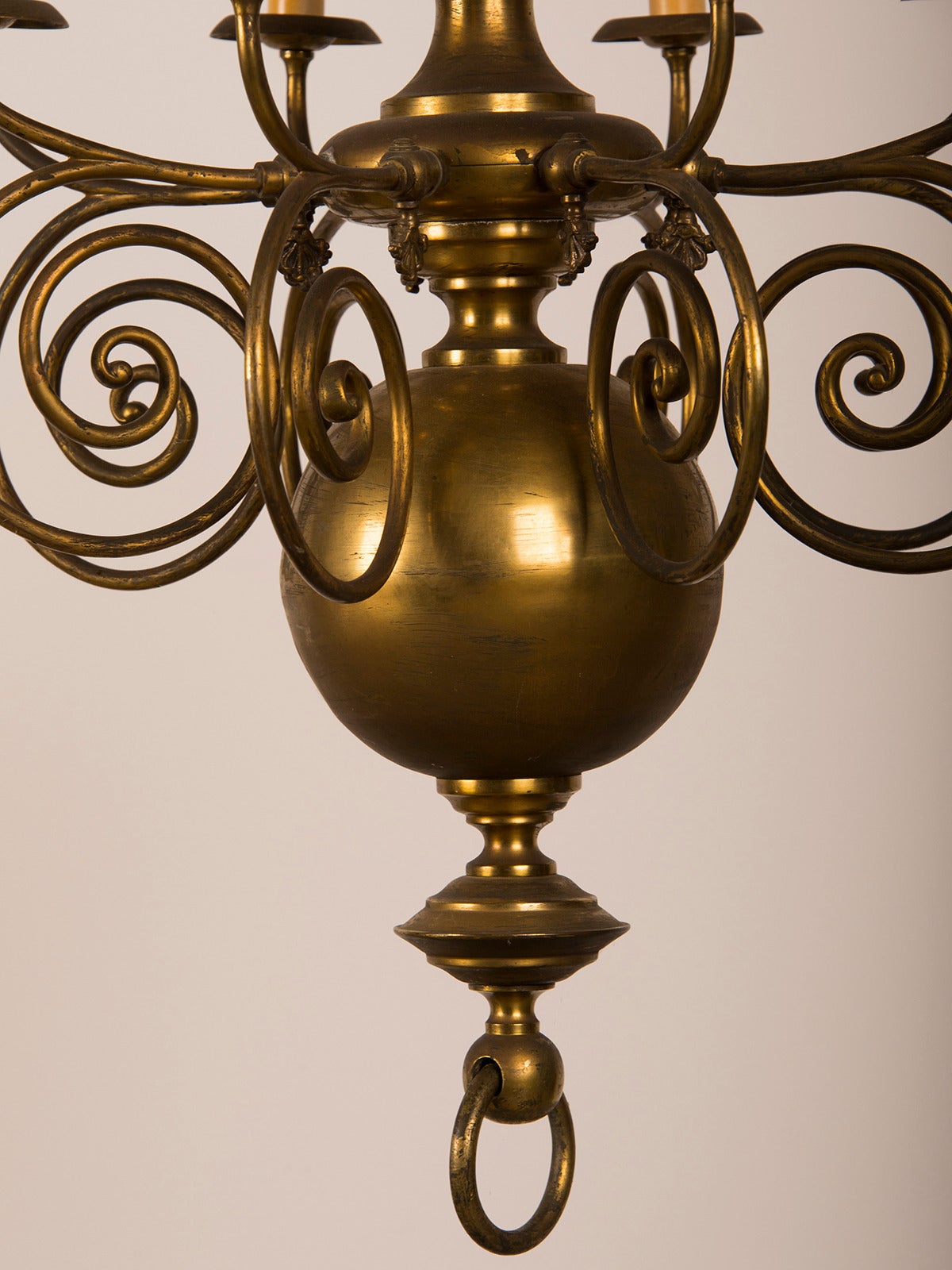 Early 20th Century Tall, Narrow Antique Dutch Brass Chandelier with Eight Arms, circa 1900