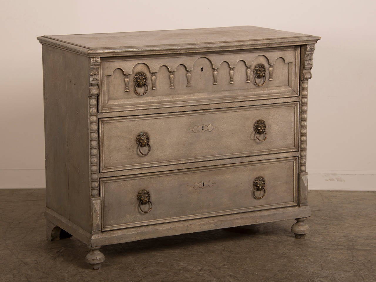 Receive our new selections direct from 1stdibs by email each week. Please click Follow Dealer below and see them first!

This antique English chest circa 1850 has fantastic decorative detail seen across the entire facade that is embellished with