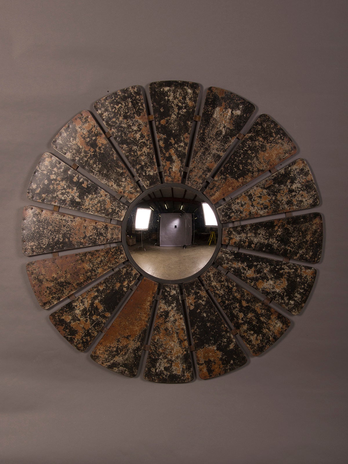 Enormous Frame of Patinated Zinc Petals and a Convex Mirror from France