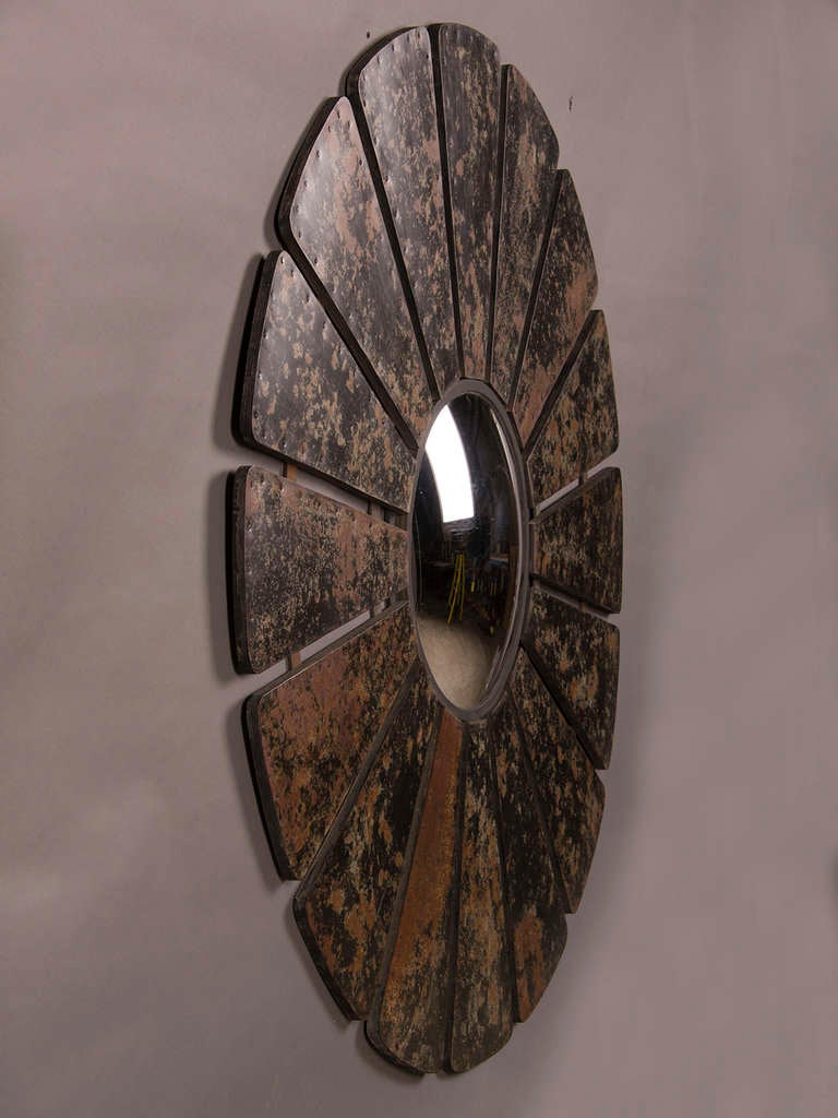 Enormous Frame of Patinated Zinc Petals and a Convex Mirror from France 3