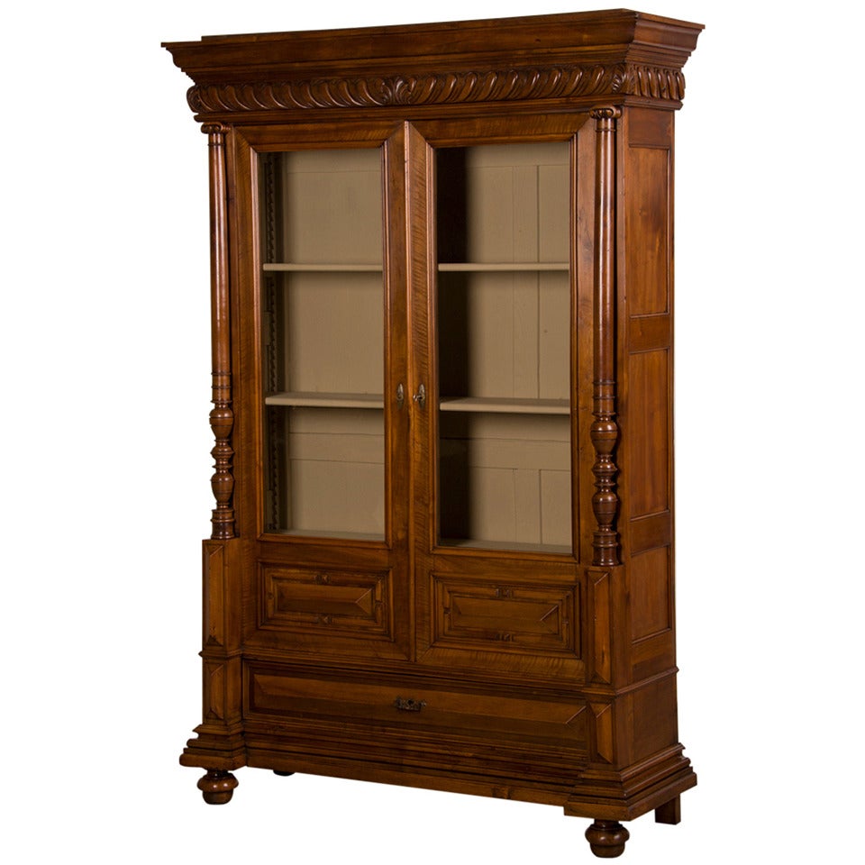 French Antique Walnut Display Cabinet/ Bookcase, Shallow Depth, circa 1870