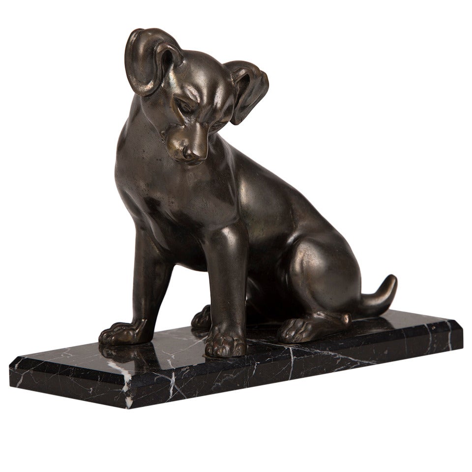 French Art Deco Period Cast Metal Dog on Marble Base, circa 1930 For Sale
