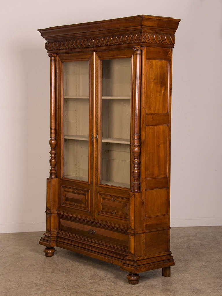 Painted French Antique Walnut Display Cabinet/ Bookcase, Shallow Depth, circa 1870