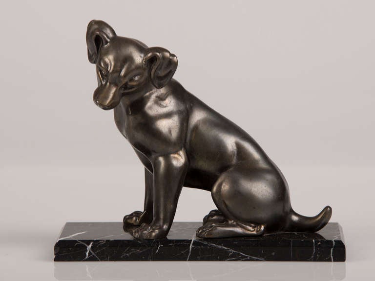 French Art Deco Period Cast Metal Dog on Marble Base, circa 1930 In Excellent Condition For Sale In Houston, TX