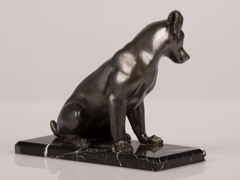 Mid-20th Century French Art Deco Period Cast Metal Dog on Marble Base, circa 1930 For Sale