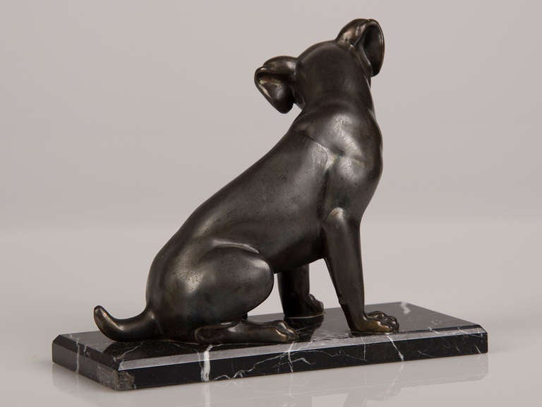 French Art Deco Period Cast Metal Dog on Marble Base, circa 1930 For Sale 1