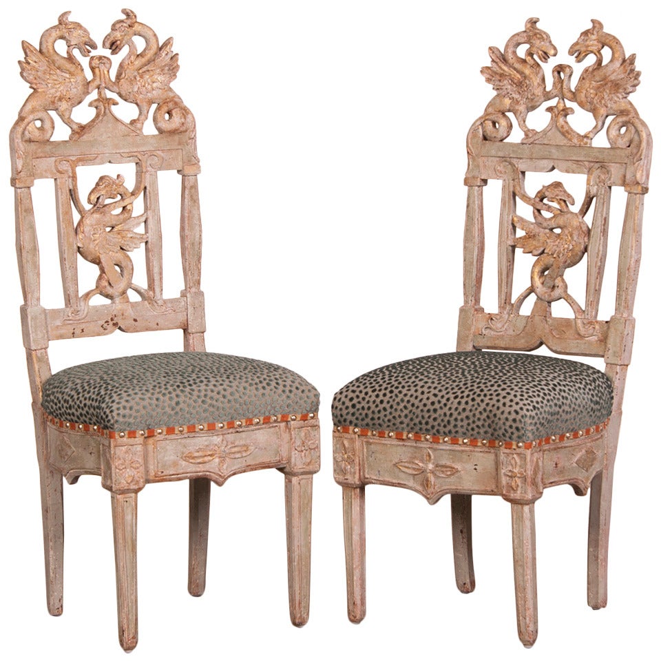Pair of Neoclassical Chairs with Gryphon Carving from Italy circa 1790, Painted and Gilded Finish