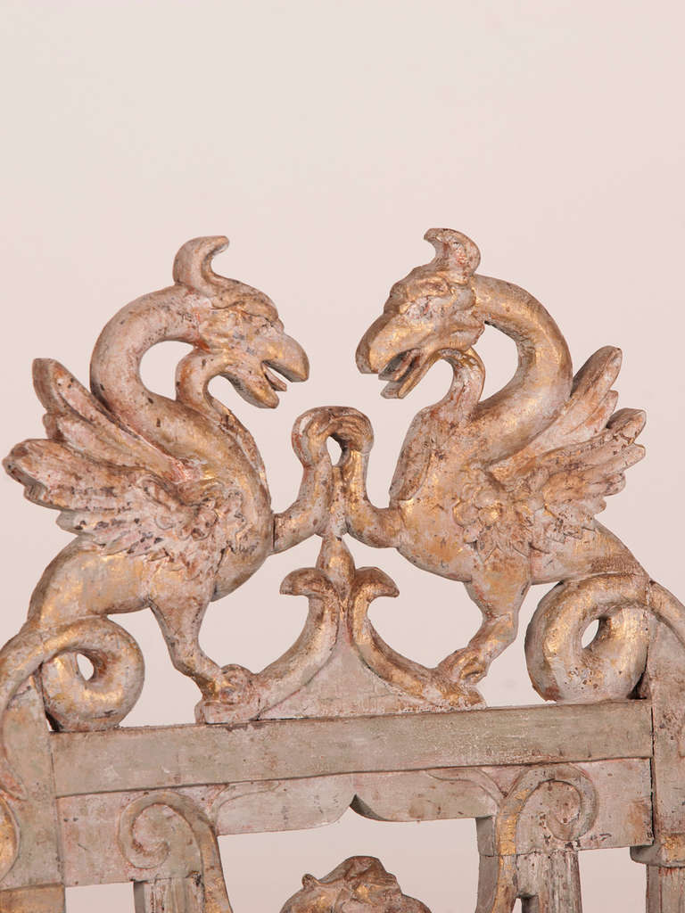 Pair of Neoclassical Chairs with Gryphon Carving from Italy circa 1790, Painted and Gilded Finish 1