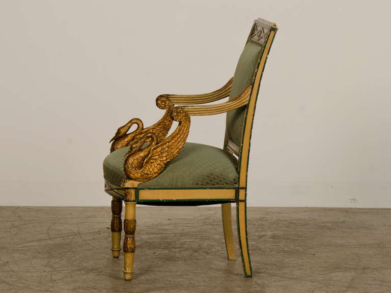 Paint Empire period pair painted and gilded arm chairs from France c.1810