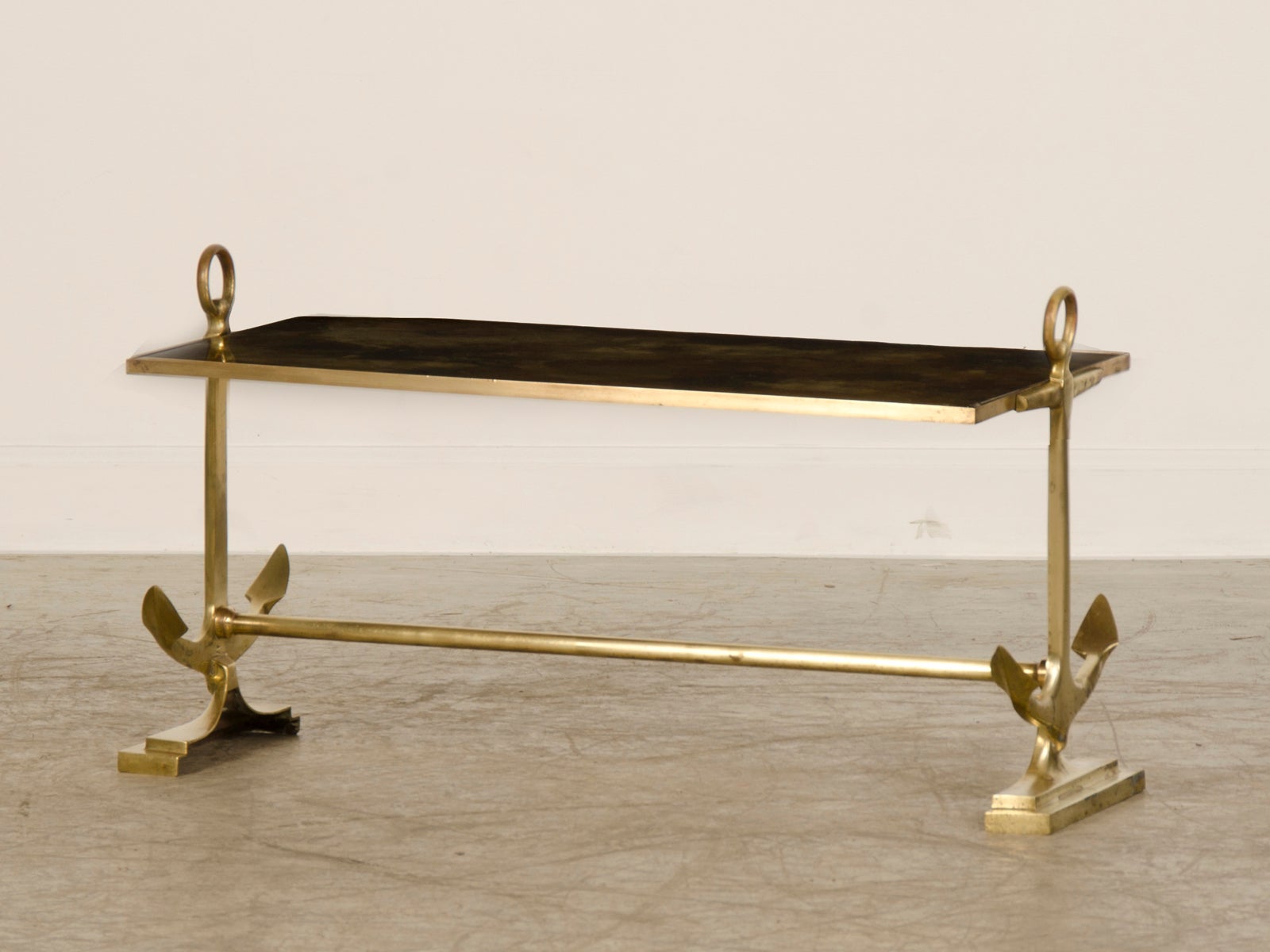 Nautical Theme Brass Coffee Table with Marbled Mirror Glass, France c.1930.