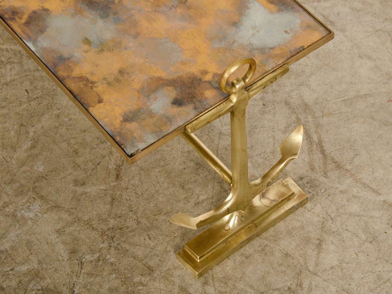 Nautical Theme Brass Coffee Table with Marbled Mirror Glass, France c.1930. In Excellent Condition In Houston, TX