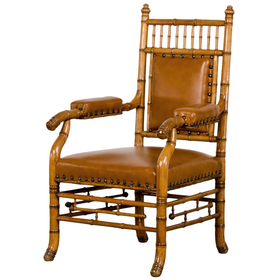 Antique French Napoleon III Period Faux Bamboo Beechwood Armchair circa 1865 For Sale