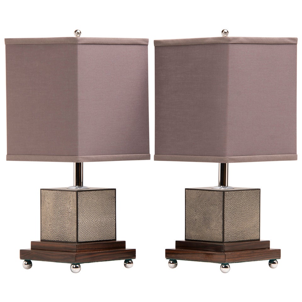 Art Deco Style Pair of Square Shagreen Lamps with Palisander Base from France circa 1985
