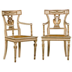 Antique Pair Neoclassical Style Painted, Gilded Armchairs,  Italy, Circa 1875