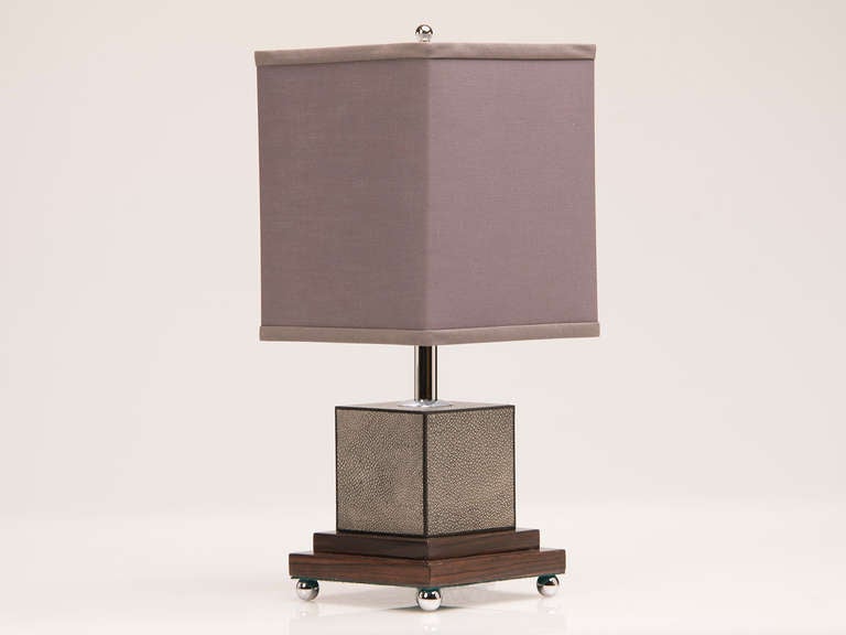 French Art Deco Style Pair of Square Shagreen Lamps with Palisander Base from France circa 1985