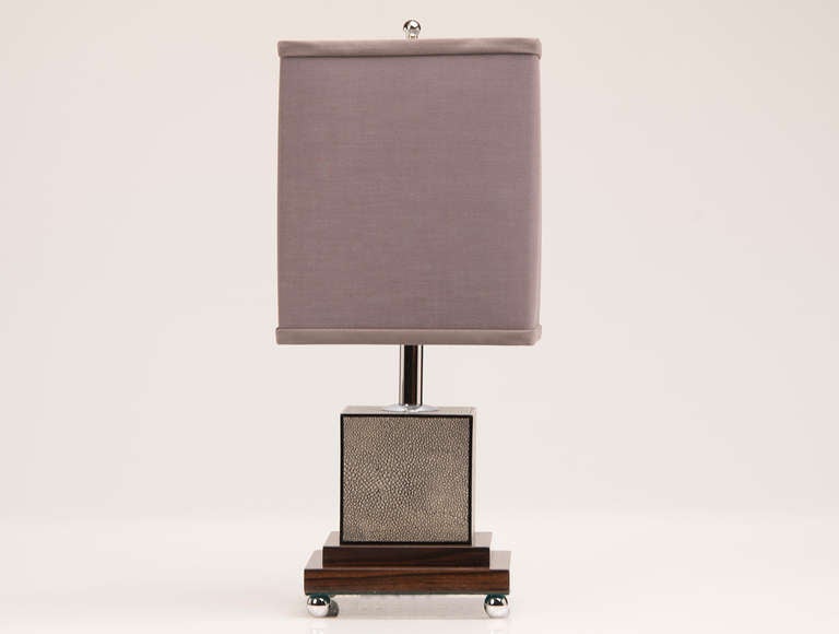 Art Deco Style Pair of Square Shagreen Lamps with Palisander Base from France circa 1985 In Excellent Condition In Houston, TX