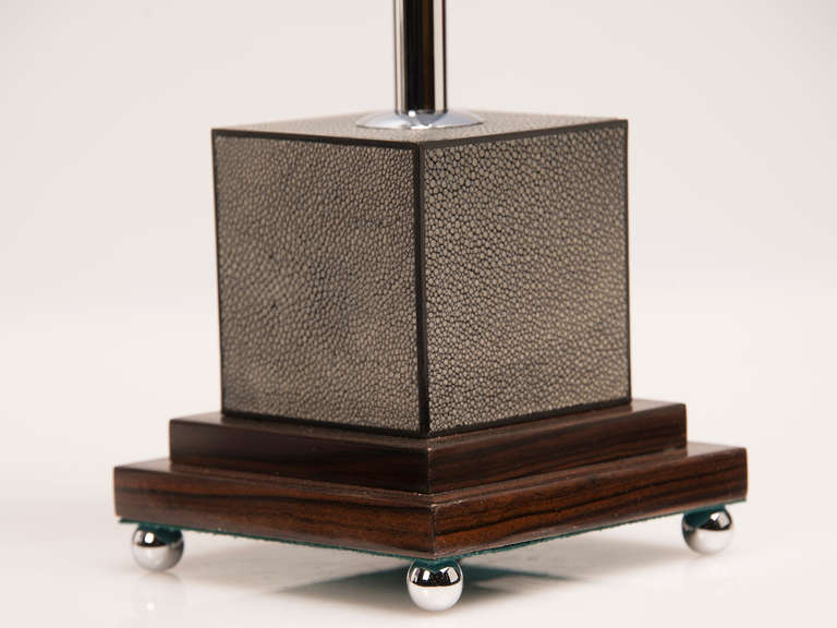 20th Century Art Deco Style Pair of Square Shagreen Lamps with Palisander Base from France circa 1985