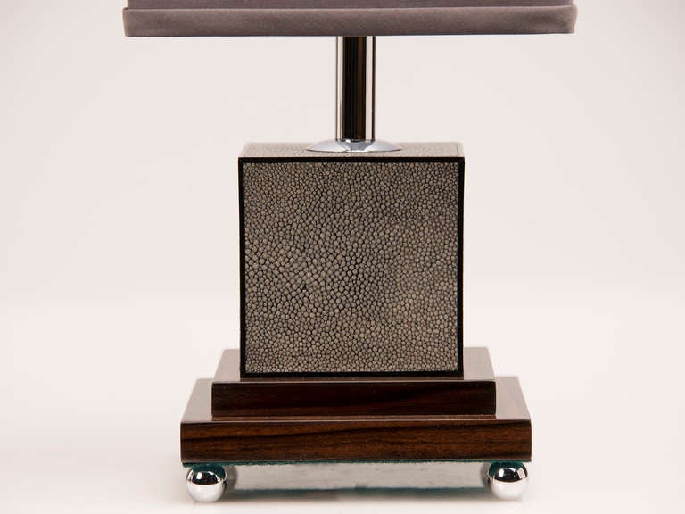 Art Deco Style Pair of Square Shagreen Lamps with Palisander Base from France circa 1985 1
