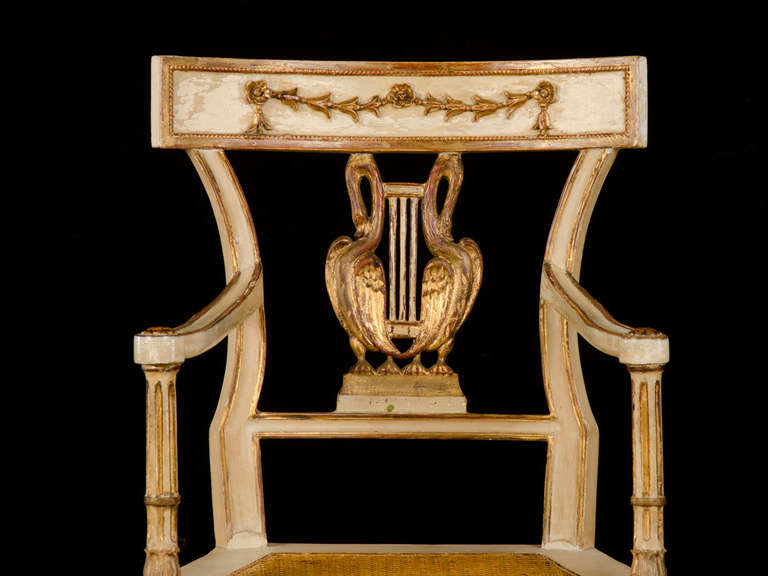 19th Century Pair Neoclassical Style Painted, Gilded Armchairs,  Italy, Circa 1875