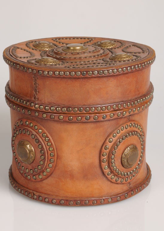 Large Antique Italian Leather Box with Decorative Brass Studs, circa 1900
