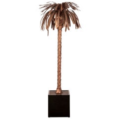Gilded Metal Palm Tree Floor Lamp Set On Its Orginal Lucite Base, France C.1970.