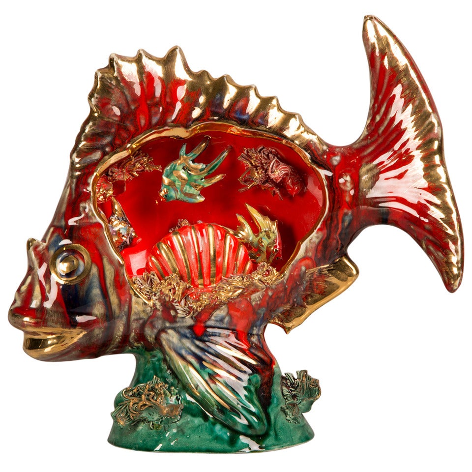 Venetian Ceramic Vintage Fish Lamp, Italy circa 1940