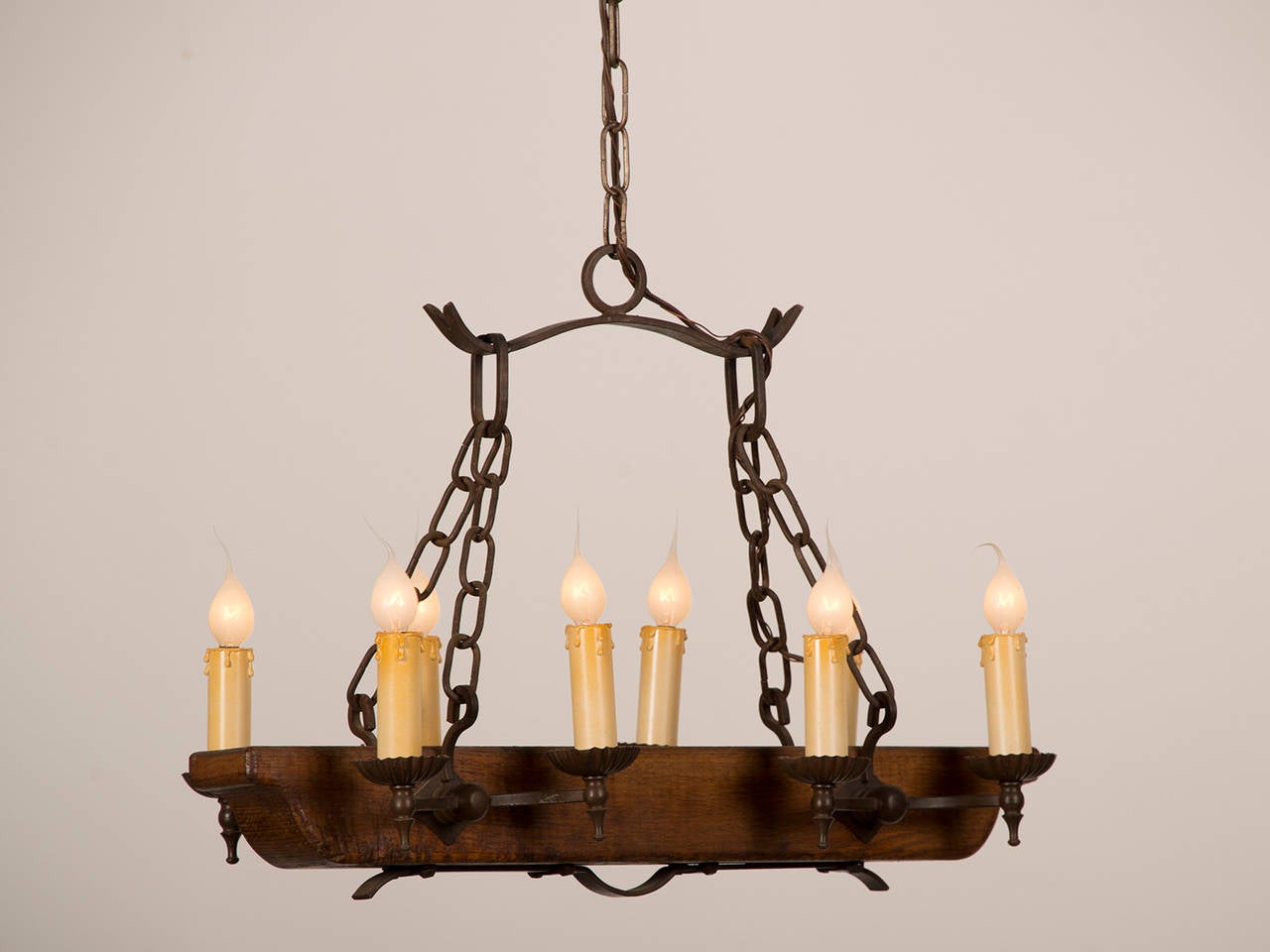 French Provincial Vintage French Eight-Light Wooden Beam, Iron Chandelier, circa 1940 For Sale