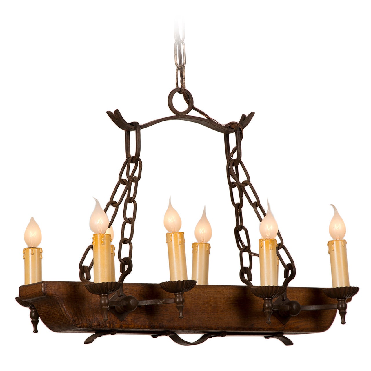Vintage French Eight-Light Wooden Beam, Iron Chandelier, circa 1940 For Sale
