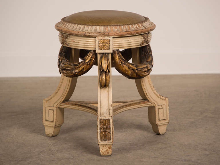 Receive our new selections direct from 1stdibs by email each week. Please click Follow Dealer below and see them first!

A charming Neoclassical Louis XVI style carved, painted and gilded circular tabouret (bench or stool in French) from Edwardian
