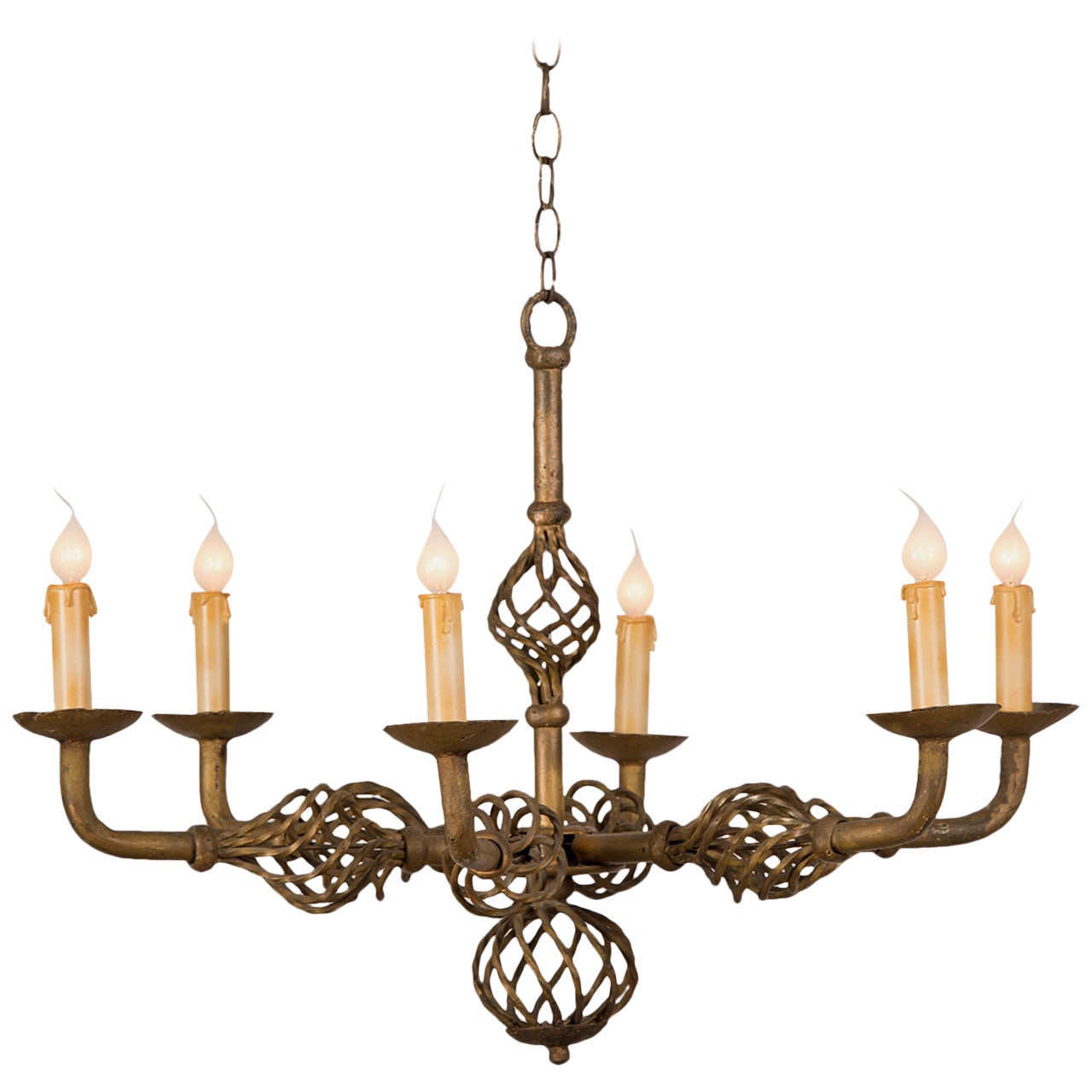 Gilded, Forged Iron Six-Light Vintage French Chandelier, circa 1930