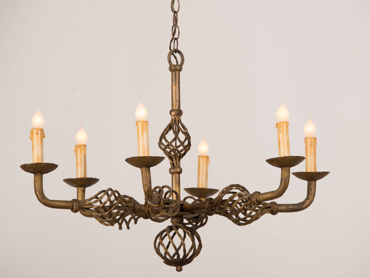 Gilded, Forged Iron Six-Light Vintage French Chandelier, circa 1930 In Excellent Condition In Houston, TX
