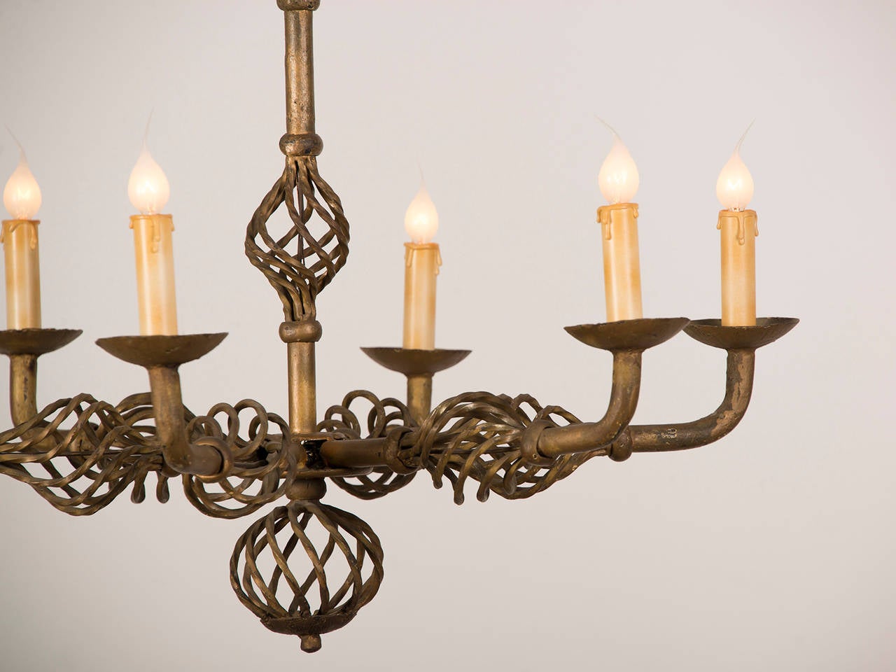 Gilt Gilded, Forged Iron Six-Light Vintage French Chandelier, circa 1930