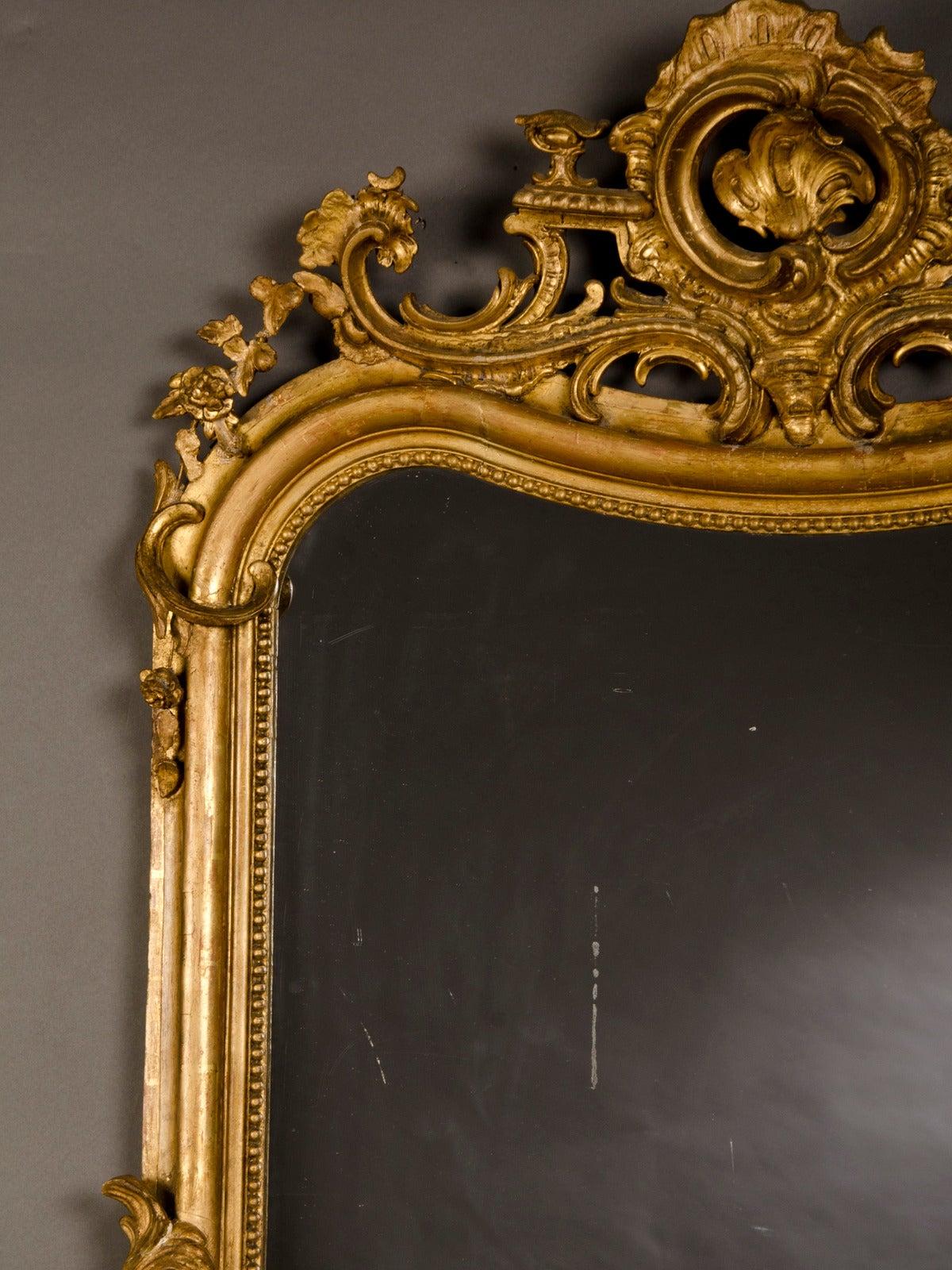 Louis XV Gold Frame Mirror, Floral Cartouche, France circa 1890 (43"w x 71"h)