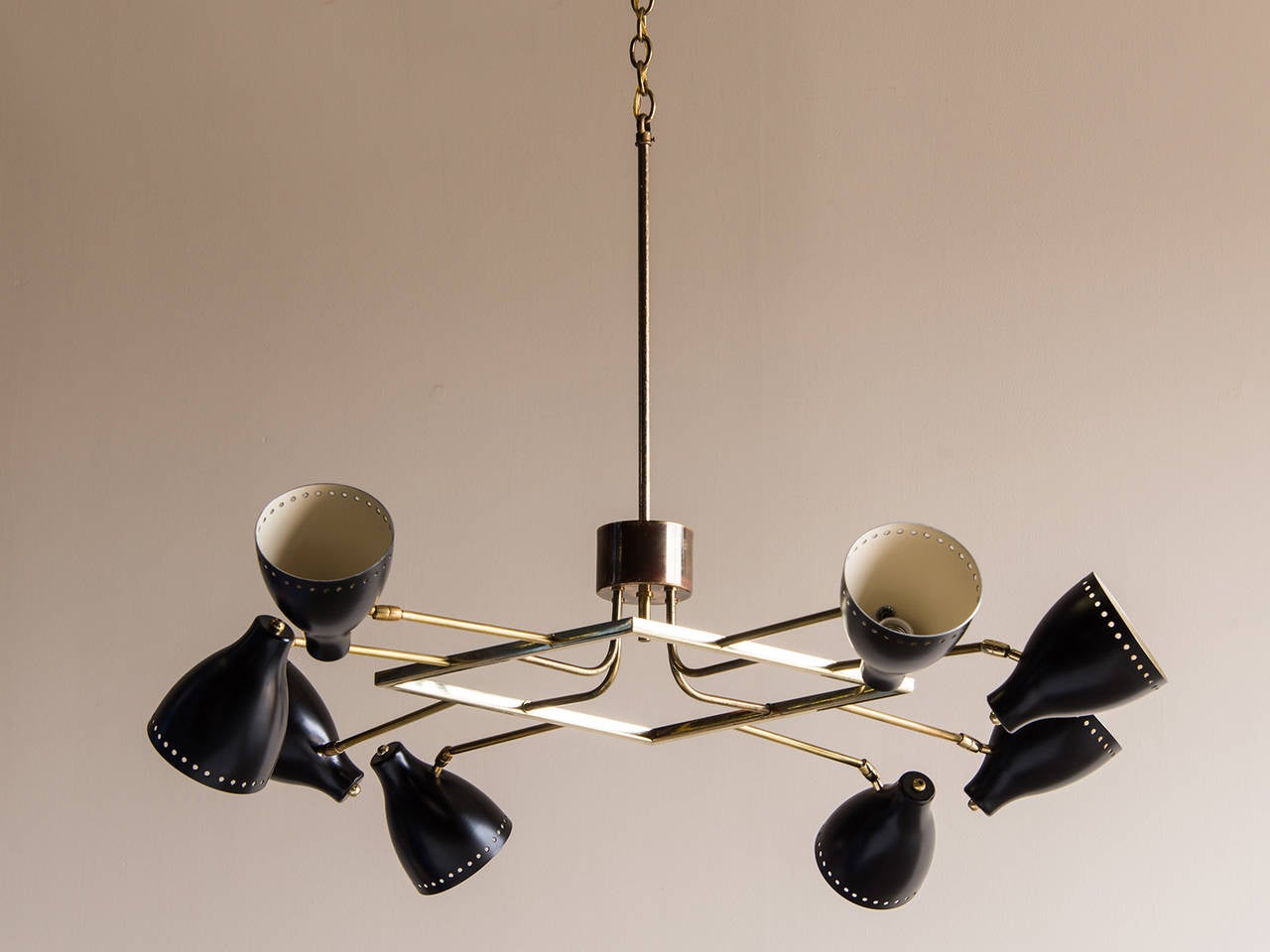 Mid-Century Eight-Arm Brass and Steel Chandelier, Italy, circa 1960 In Excellent Condition In Houston, TX